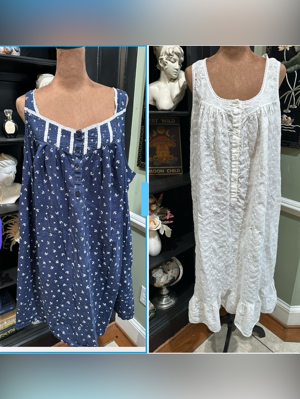 Sedu Cottagecore Nightgown Bundle – White Eyelet + Blue Floral – Size L